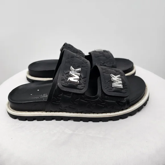Michael Kors MK Logo Double Strap Slide Sandals Black 6M | Chunky Sole - Picture 4 of 7